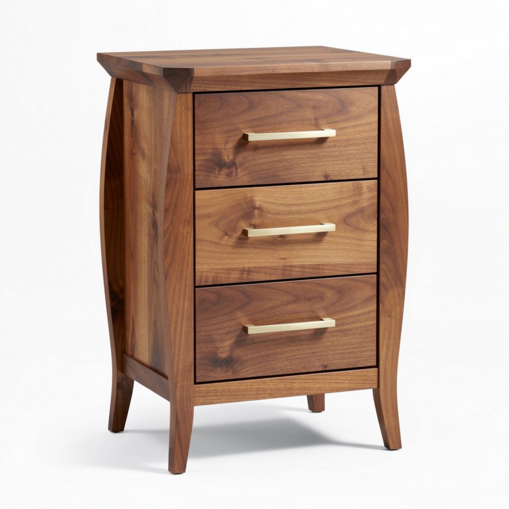 Walnut nightstand with three drawers and brushed gold handles 45 x 35 x 70cm