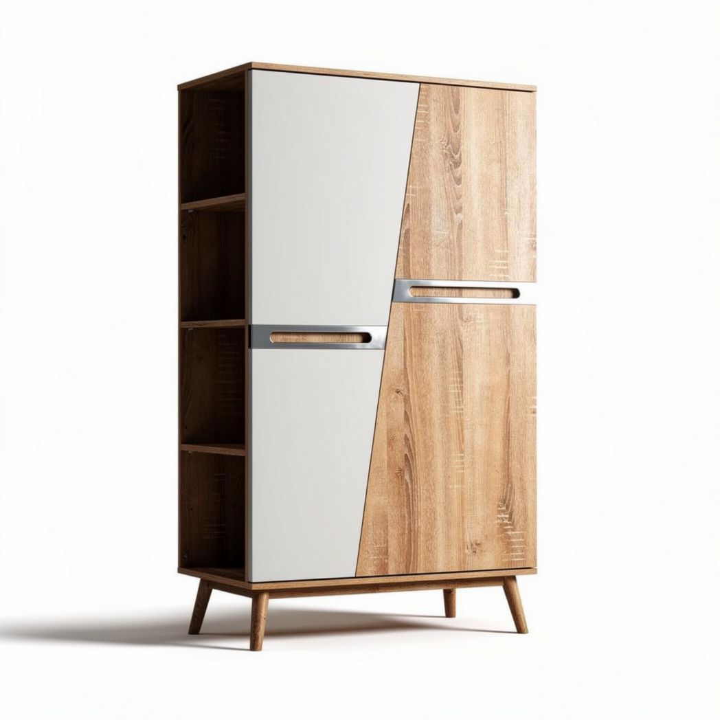 Wooden storage cabinet with white doors and open shelving 90 x 50 x 150cm