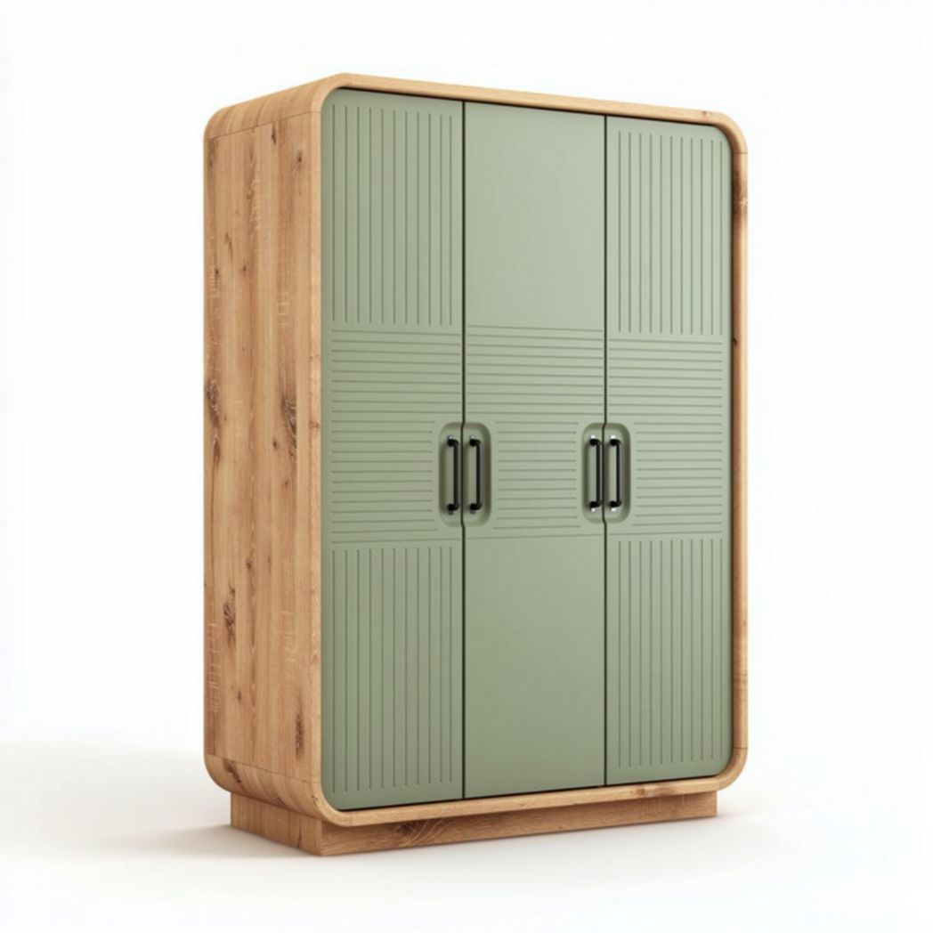 Wooden storage cabinet with three doors in green and natural finish 80 x 40 x 120cm