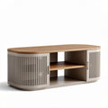 Wooden media console with metal mesh shelves and oval design 120 x 40 x 45cm