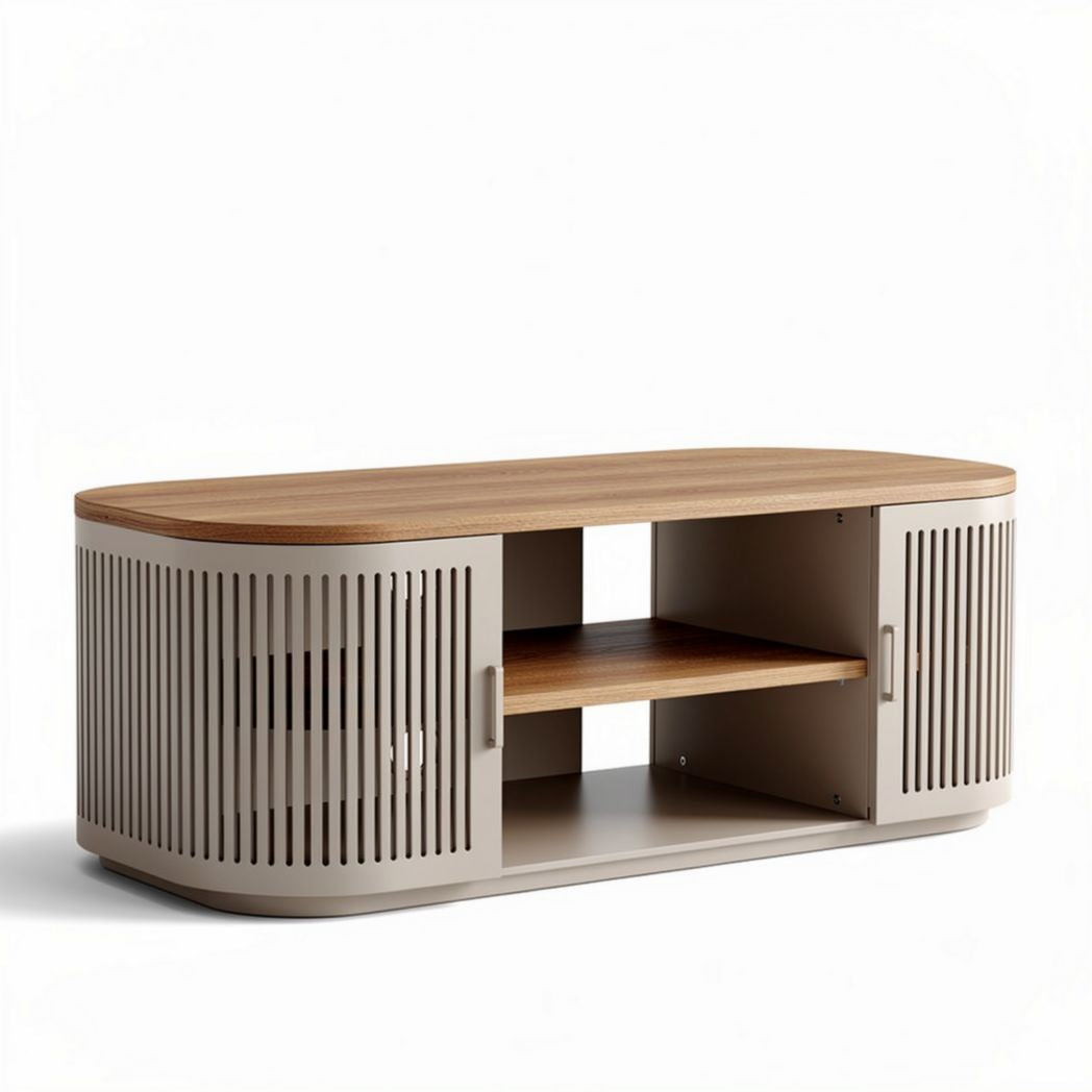 Wooden media console with metal mesh shelves and oval design 120 x 40 x 45cm