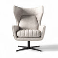 Swivel lounge chair in light gray fabric with padded backrest and armrests