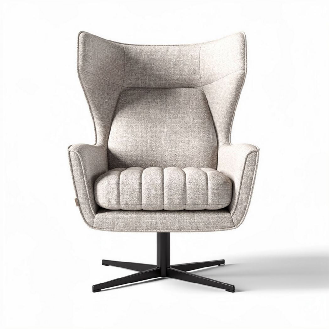 Swivel lounge chair in light gray fabric with padded backrest and armrests