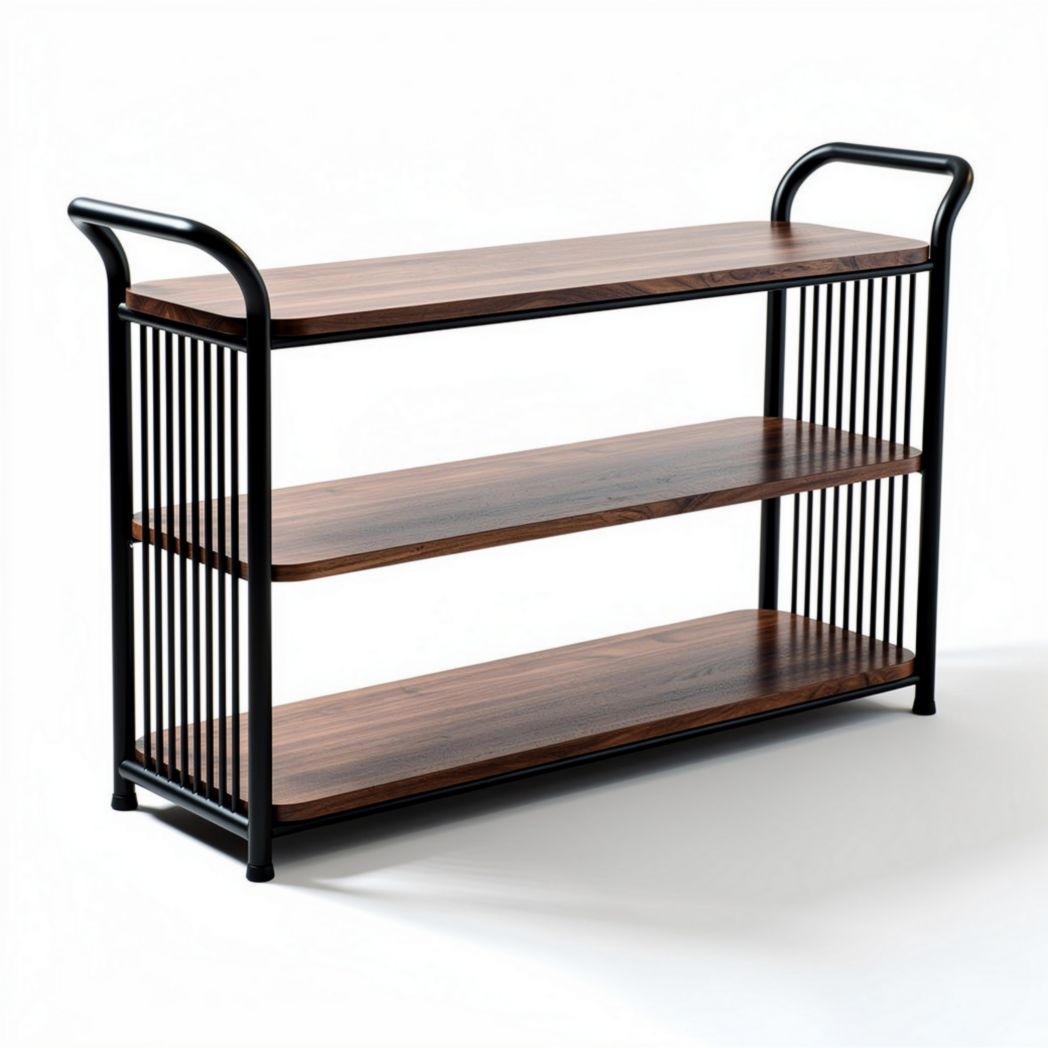 Wooden shelving unit with metal frame for living room or office use 120 x 40 x 75cm