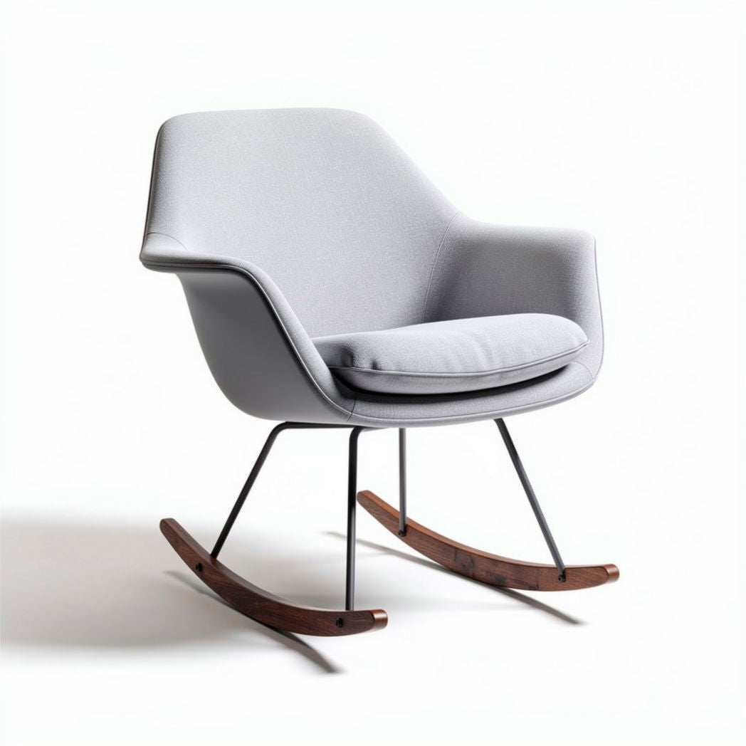 Rocking chair with fabric upholstery and wooden base in gray color